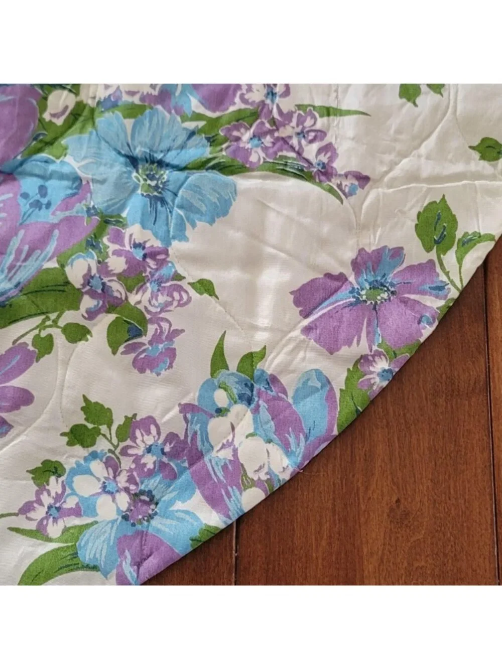 Vintage 70s Blue and Purple Floral Print Twin Size Bedspread Quilted Coverlet